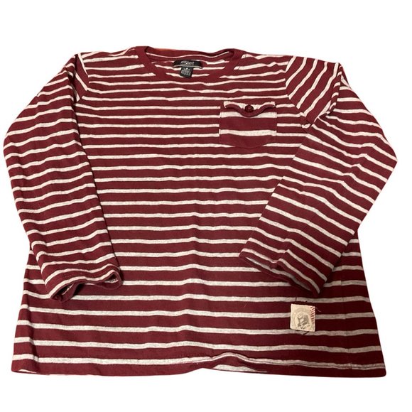 👣 5/$25 - Burgundy/Grey Striped Long Sleeve Tee w/ Pocket Detail - Picture 1 of 2